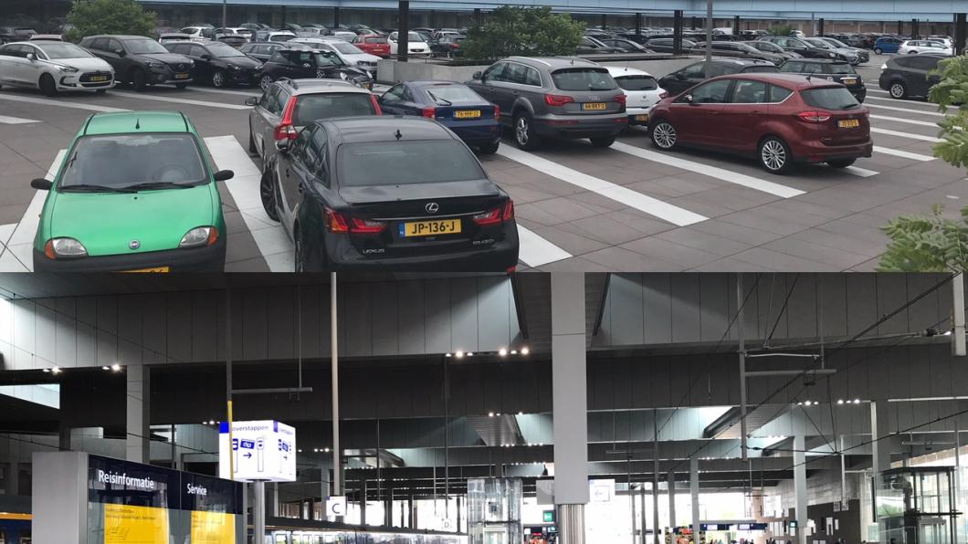 Breda Centraal OVTC De auto's staan op het parkeerdek op te warmen in de zon, de reizigers in kunstlicht op het perron.